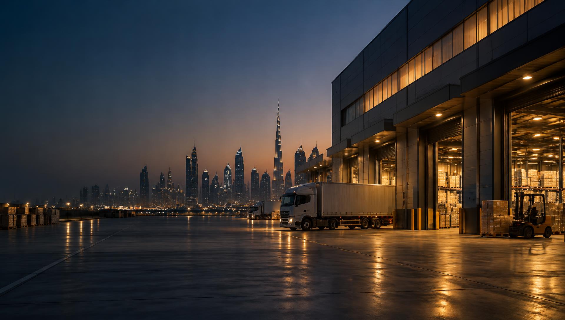 Dubai logistics facility and city skyline